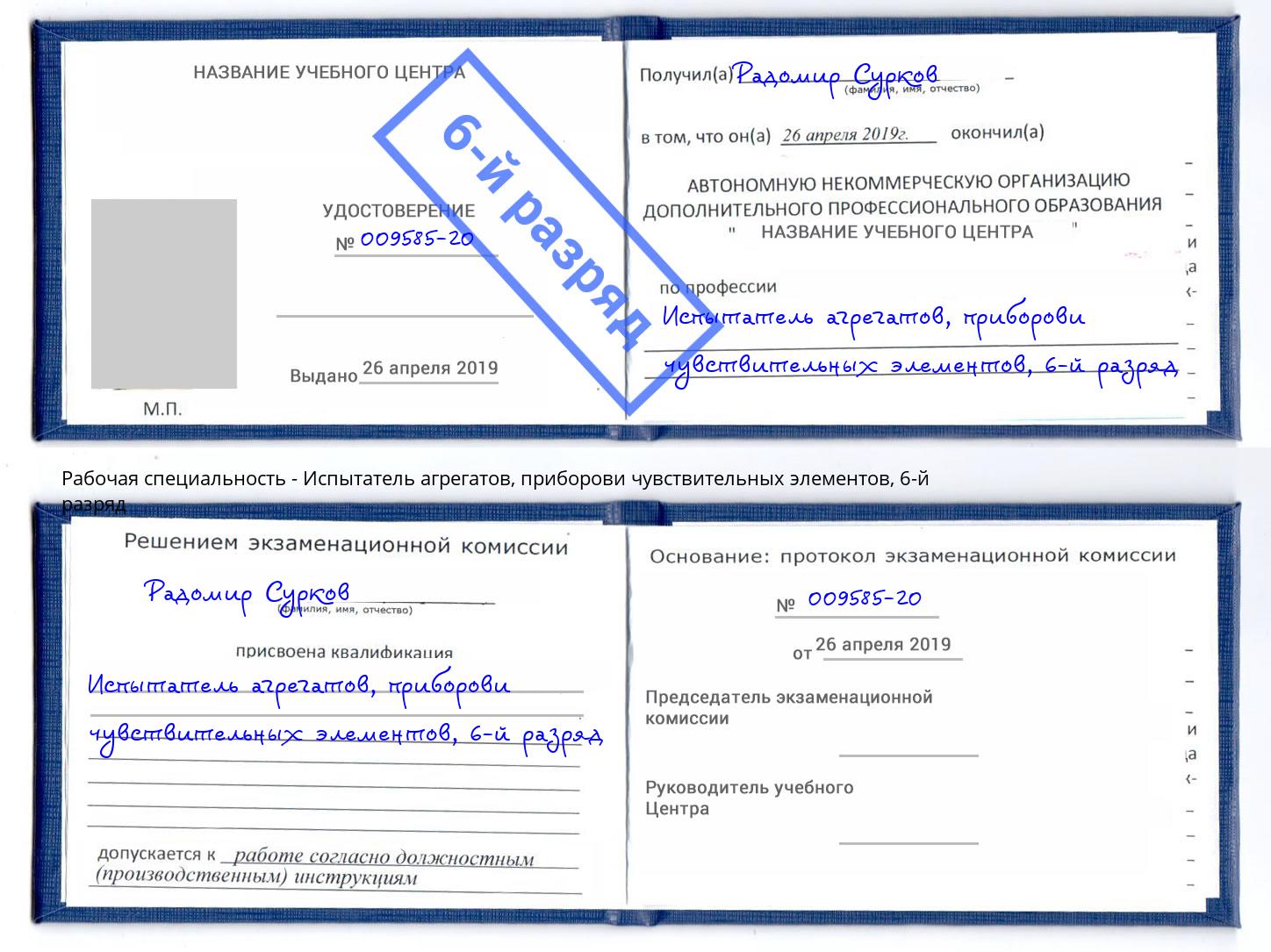 корочка 6-й разряд Испытатель агрегатов, приборови чувствительных элементов Ухта