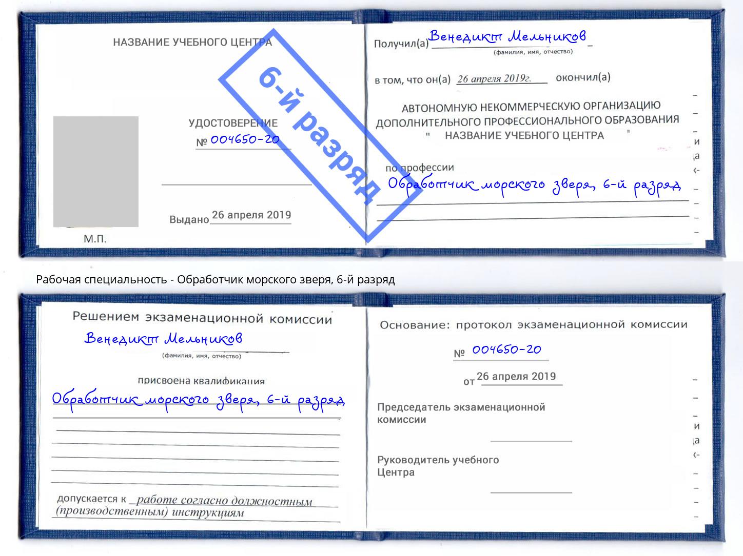 корочка 6-й разряд Обработчик морского зверя Ухта