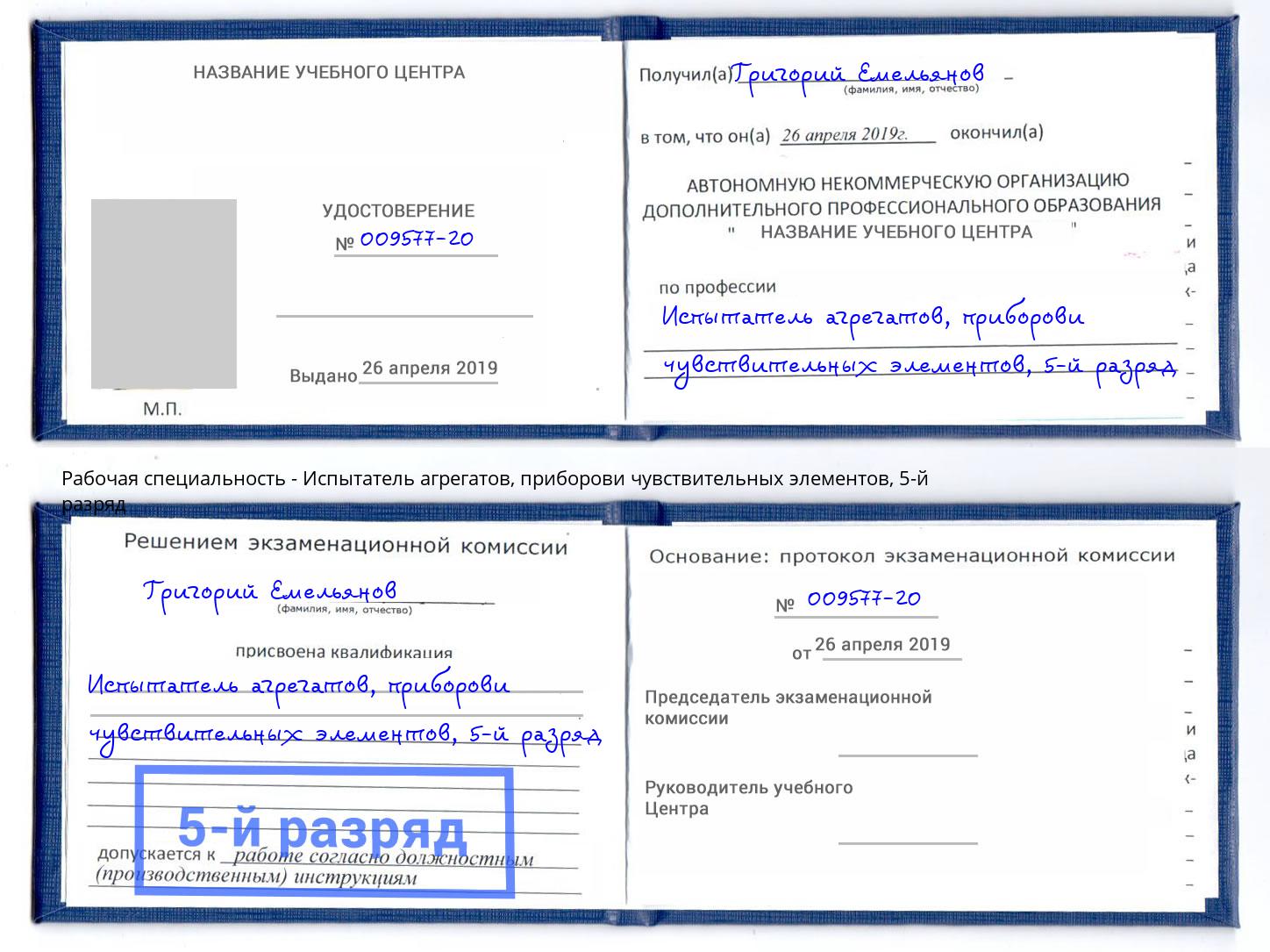 корочка 5-й разряд Испытатель агрегатов, приборови чувствительных элементов Ухта
