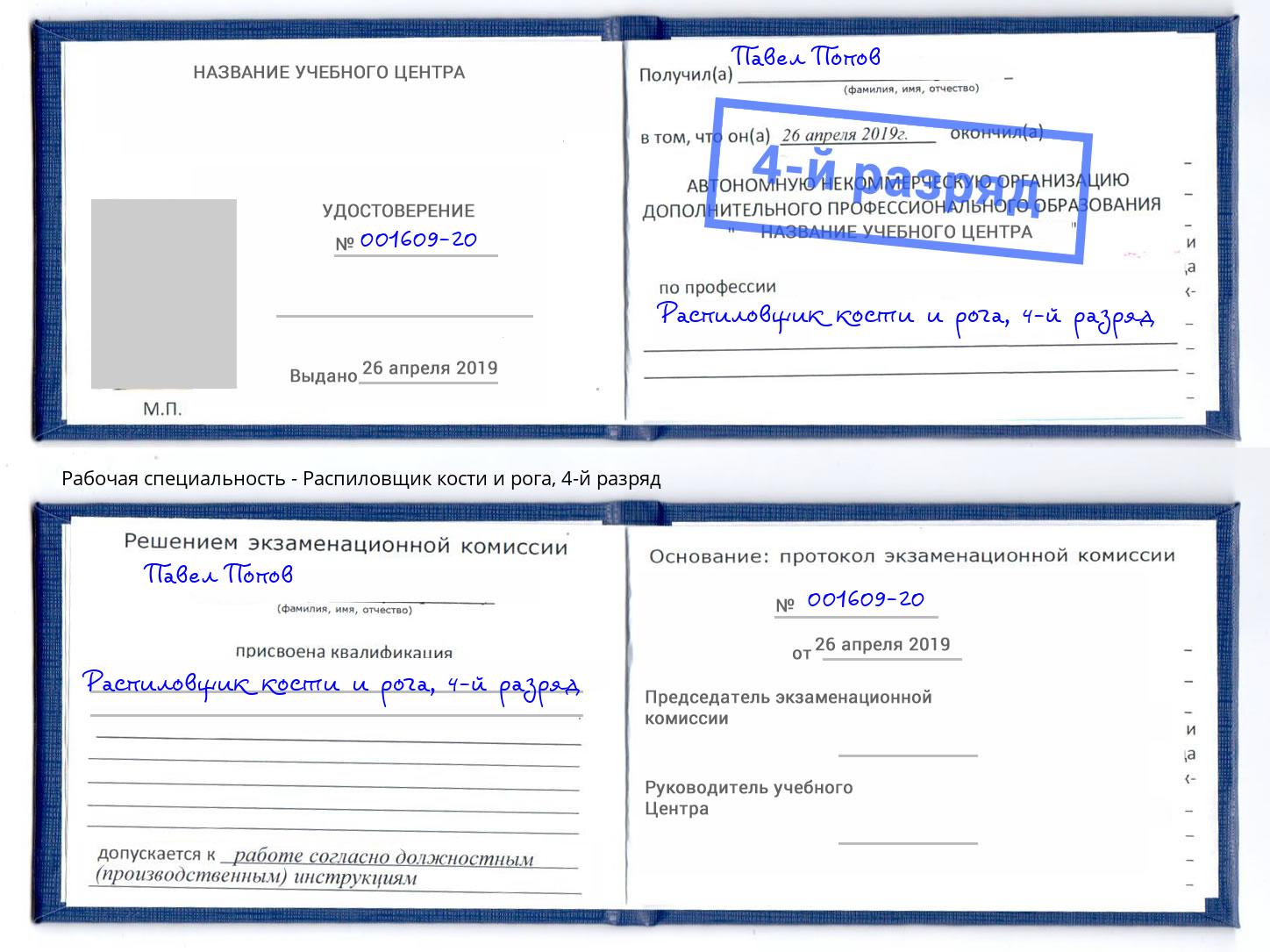 корочка 4-й разряд Распиловщик кости и рога Ухта