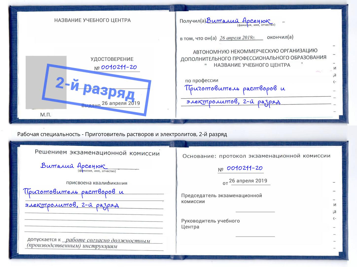 корочка 2-й разряд Приготовитель растворов и электролитов Ухта