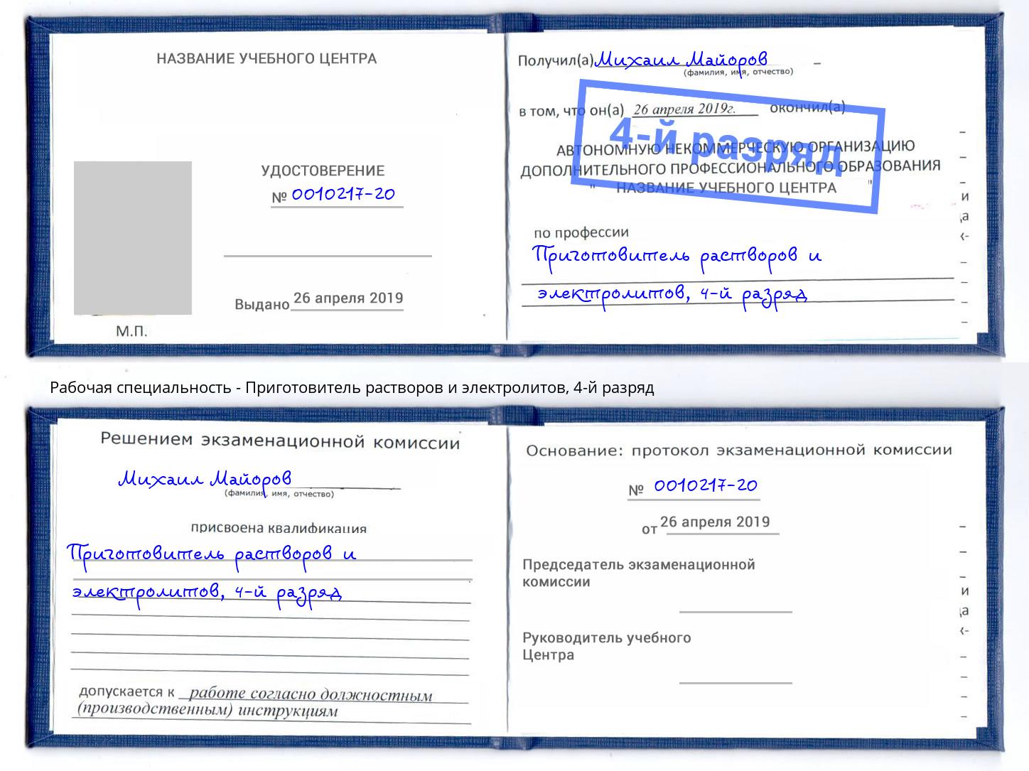 корочка 4-й разряд Приготовитель растворов и электролитов Ухта