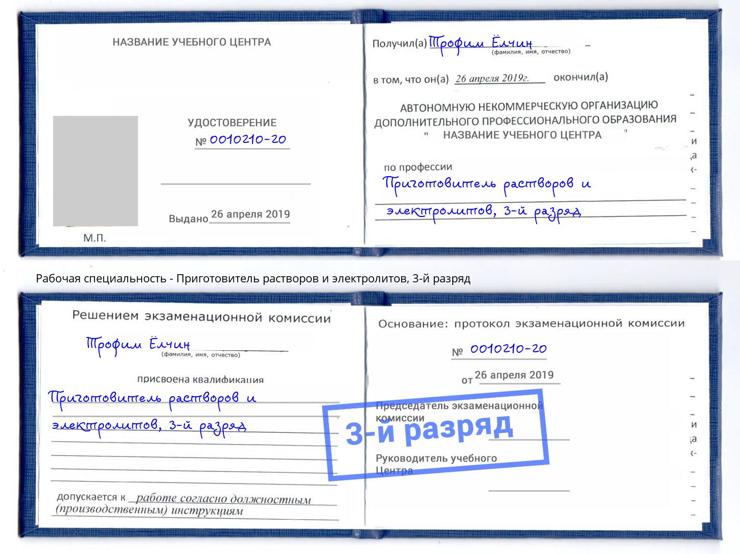 корочка 3-й разряд Приготовитель растворов и электролитов Ухта