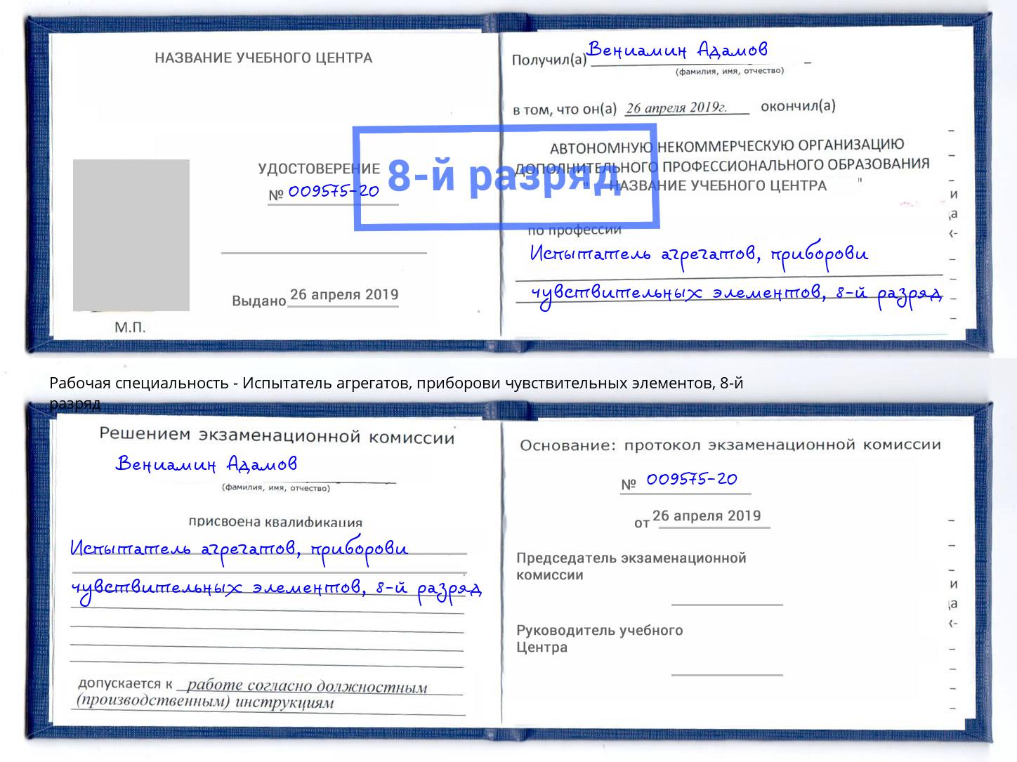 корочка 8-й разряд Испытатель агрегатов, приборови чувствительных элементов Ухта